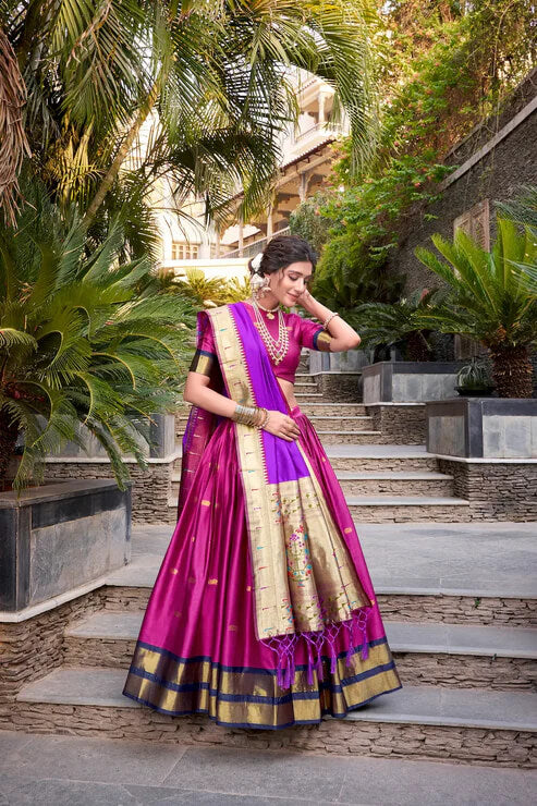 Pink Zari Weaving Paithani Lehenga Choli in Jacquard Silk