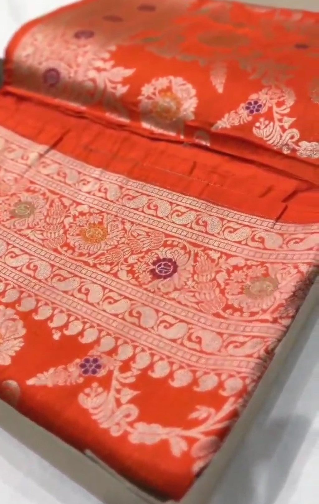 Dual Tone Orange Banarasi Handloom Katan Silk Meenakari Saree