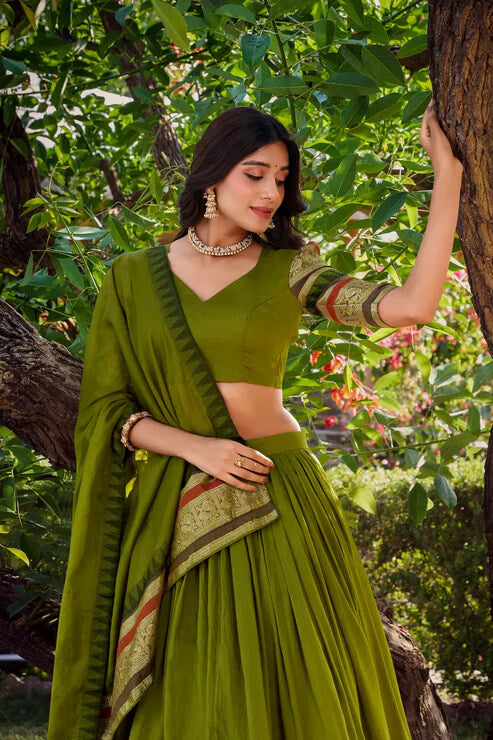 Olive Green Chanderi Silk Lehenga with Intricate Zari Work