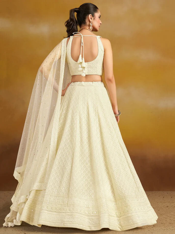 White Party Wear Lehenga with Sequins & Dupatta