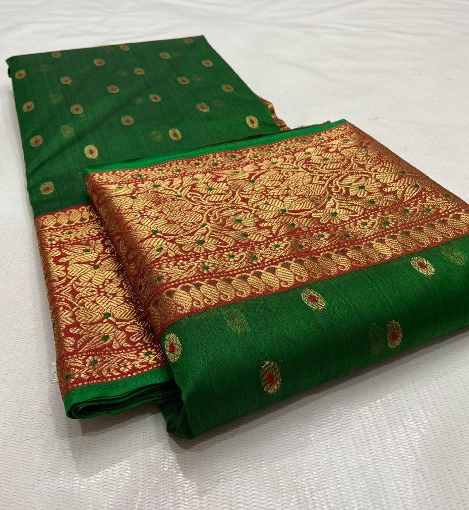 Dark Green Chanderi Handloom Katan Silk Nakshi Saree
