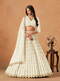 Off White Art Silk Lehenga with Mirror & Embroidery