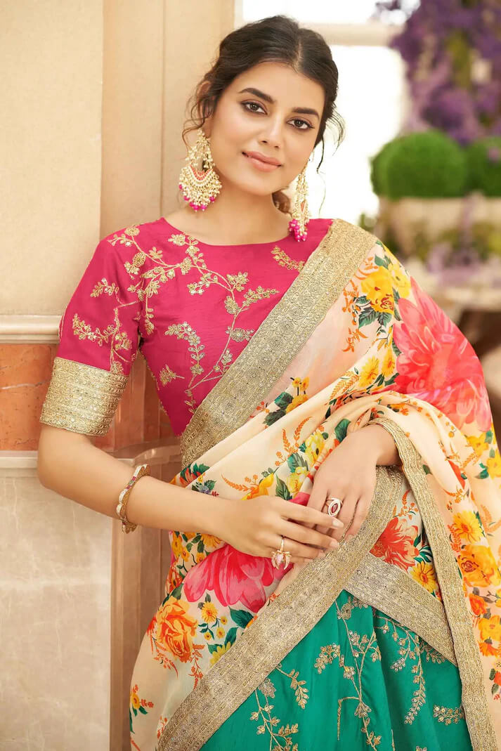 Green White Art Silk Lehenga with Zari & Sequins Work