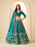 Deep Teal Sequins Embroidery Work Velvet Lehenga Choli