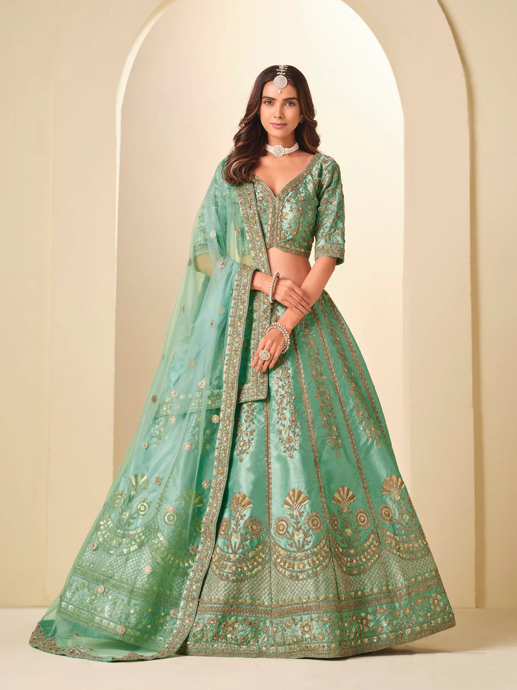 Sea Green Sequins Embroidery Art Silk Lehenga Choli