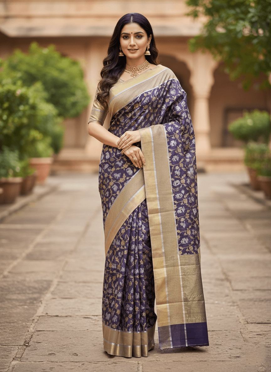 Purple Chanderi Handloom Pattu Silk Shikargah Handwork Saree