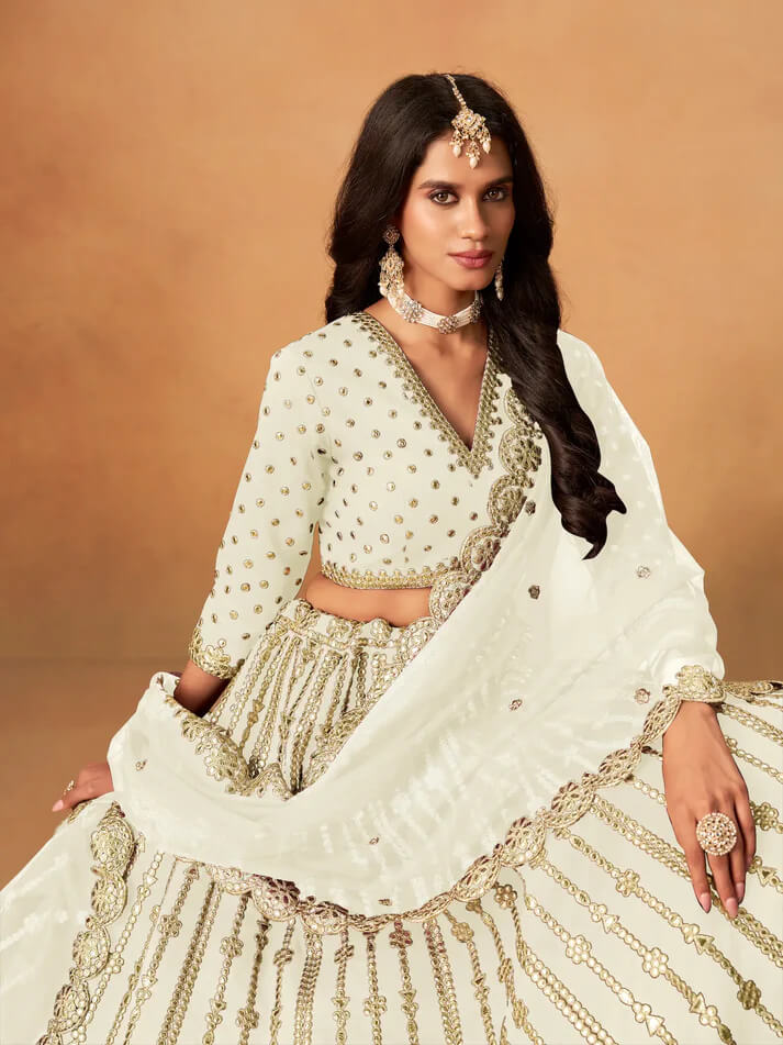 Off White Art Silk Lehenga with Mirror & Embroidery