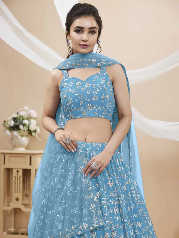 Sky Blue Georgette Lehenga with Sequins & Zari Work