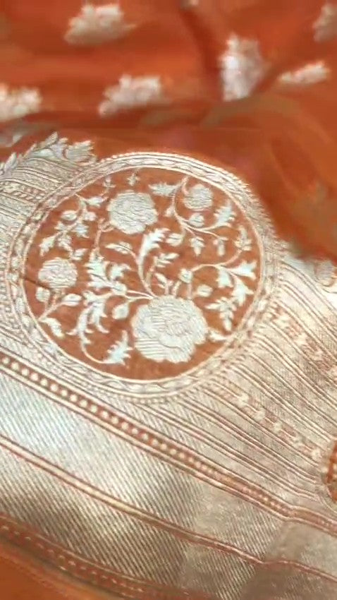 Coral Banarasi Handloom Kora Organza Silk Saree