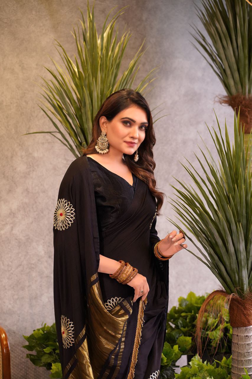 Dark Brown Hand Embroidered Jaipuri Gajji Silk Saree