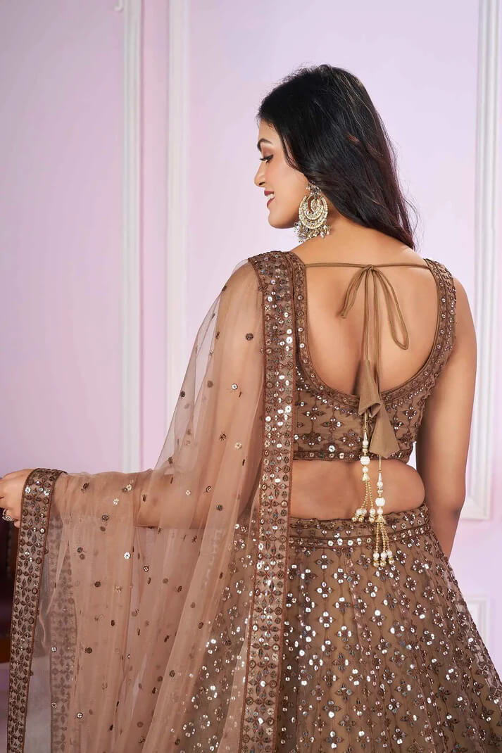 Brown Soft Net Lehenga with Sequins & Thread Embroidery