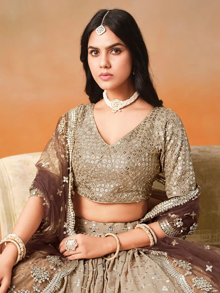 Beige-Brown Gradient Georgette Lehenga with Zari & Sequins