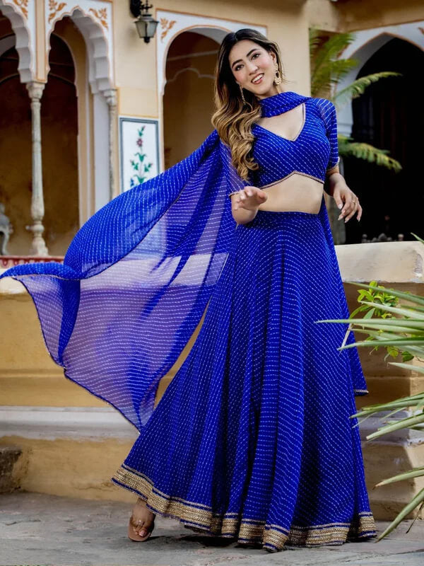 Blue Leheriya Georgette Lehenga with Zari Lace Work