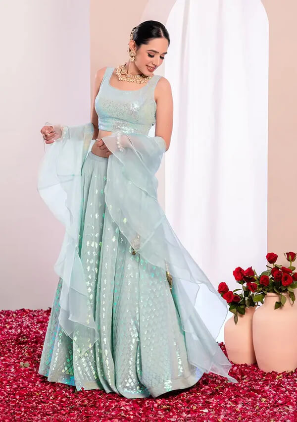 Sky Blue Party Lehenga with Sequins & Ruffle Dupatta