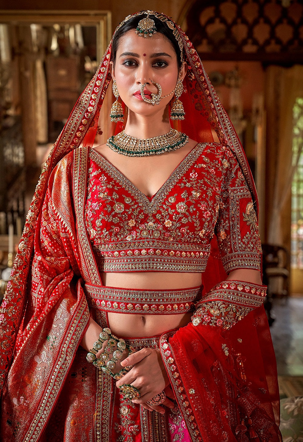 Bridal Red and Pink Heavy Embroidery & Pearl Work Lehenga