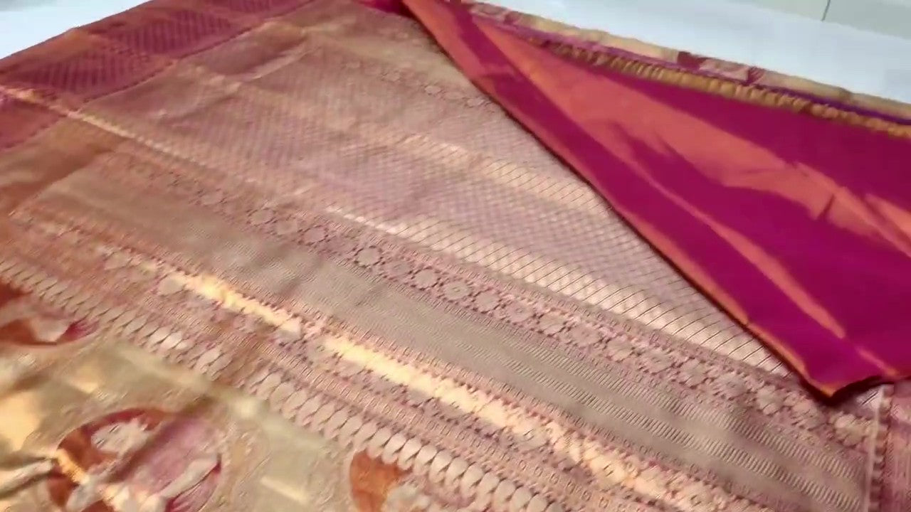Coral Kanchipuram Handloom Tissue Brocade Silk Saree