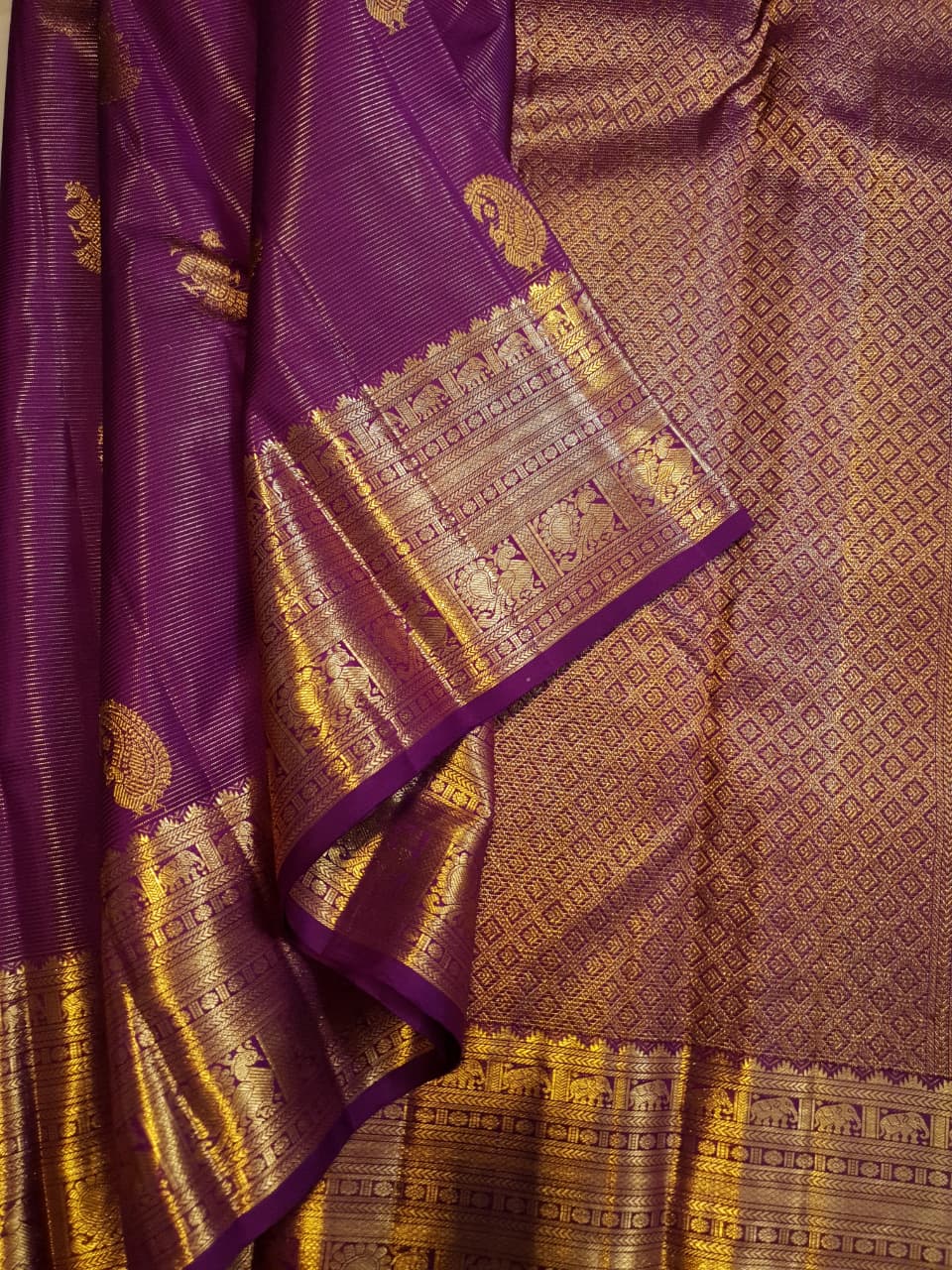 Magenta Kanchipuram håndvævet 2G guld Vairaosi silkesari