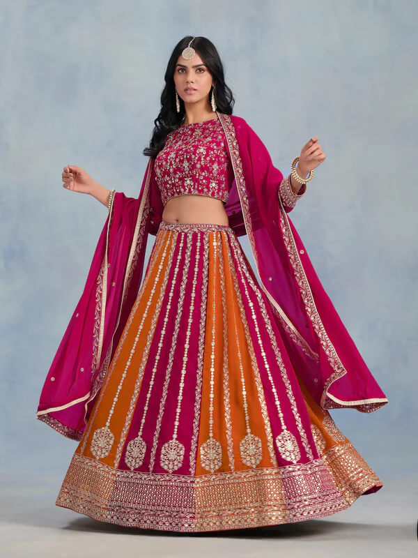 Designer Dark Pink-Orange Thread & Sequins Lehenga