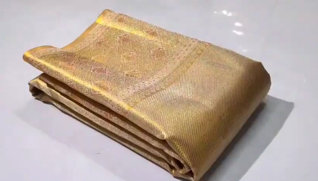 Beige Kanchipuram Handloom Tissue Brocade Silk Saree