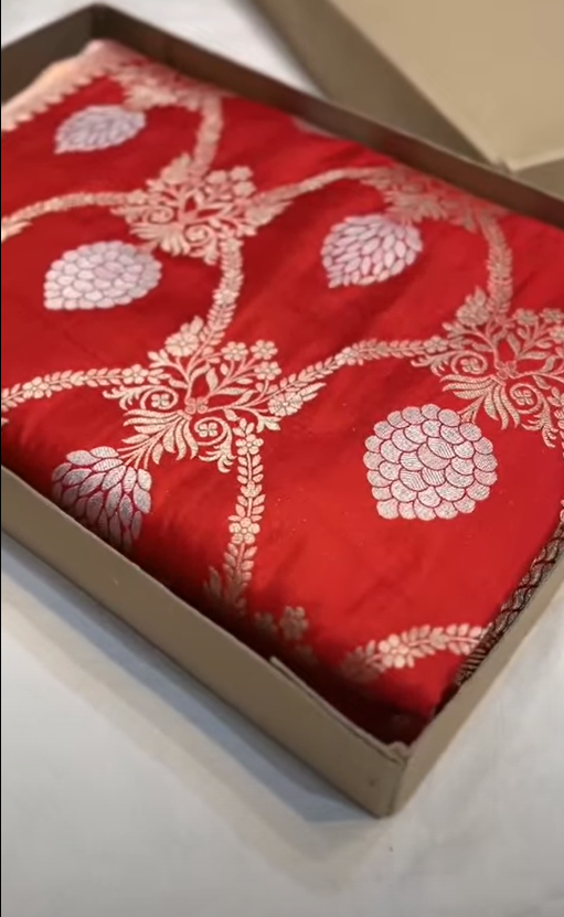 A bridal red Banarasi Katan silk saree featuring intricate hand-woven Sona Rupa zari motifs in gold and silver.