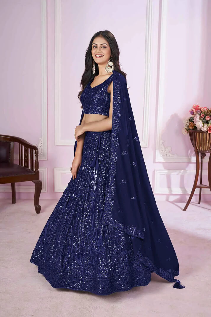 Navy Blue Georgette Lehenga with Sequins & Thread Embroidery