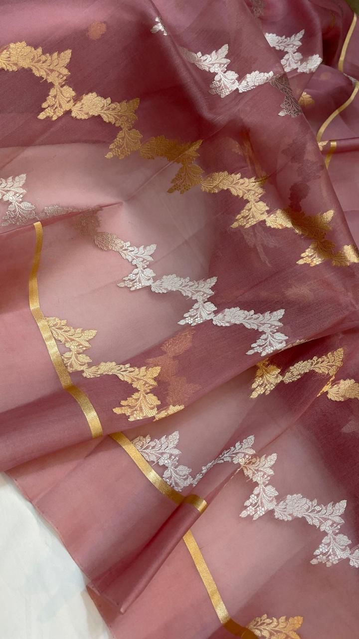 Rose Banarasi Handloom Kora Organza Silk Saree