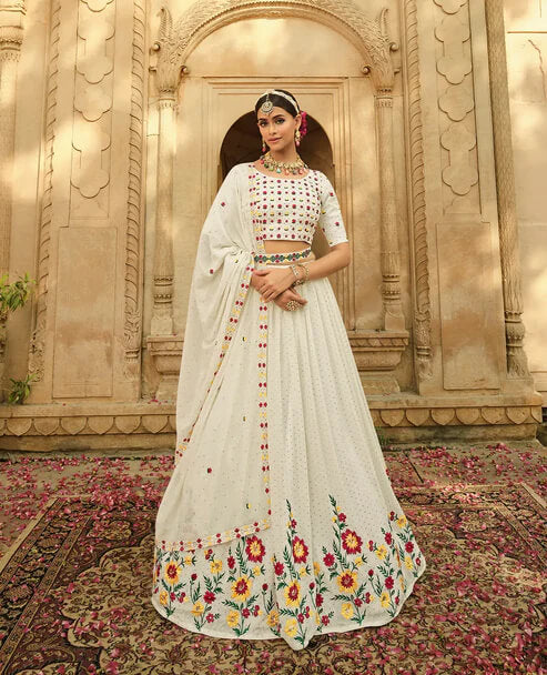 Dusty White Georgette Lehenga Choli with Thread & Sequins Work