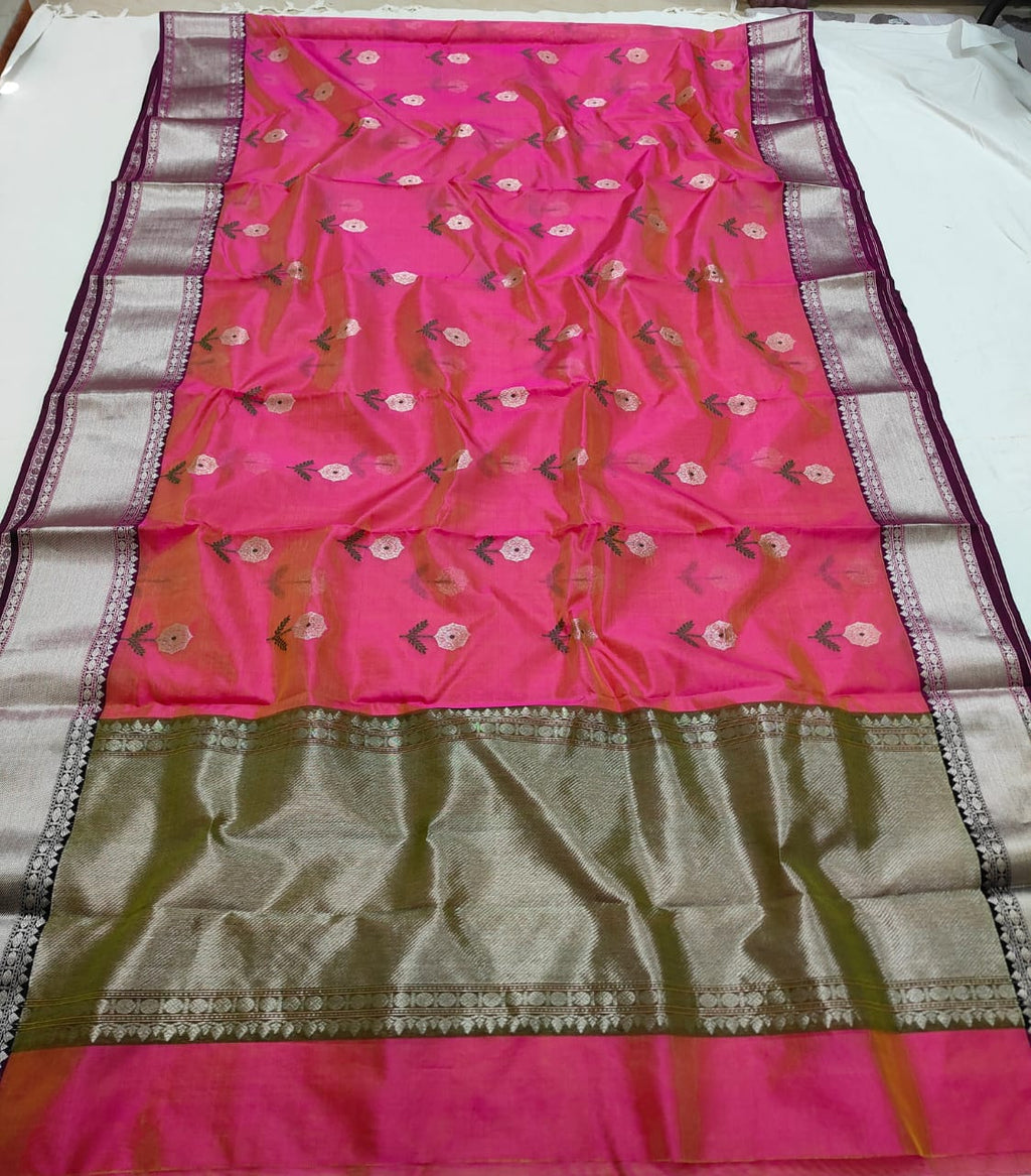 Hot Pink Chanderi Handloom Pattu Silk Meenakari Saree