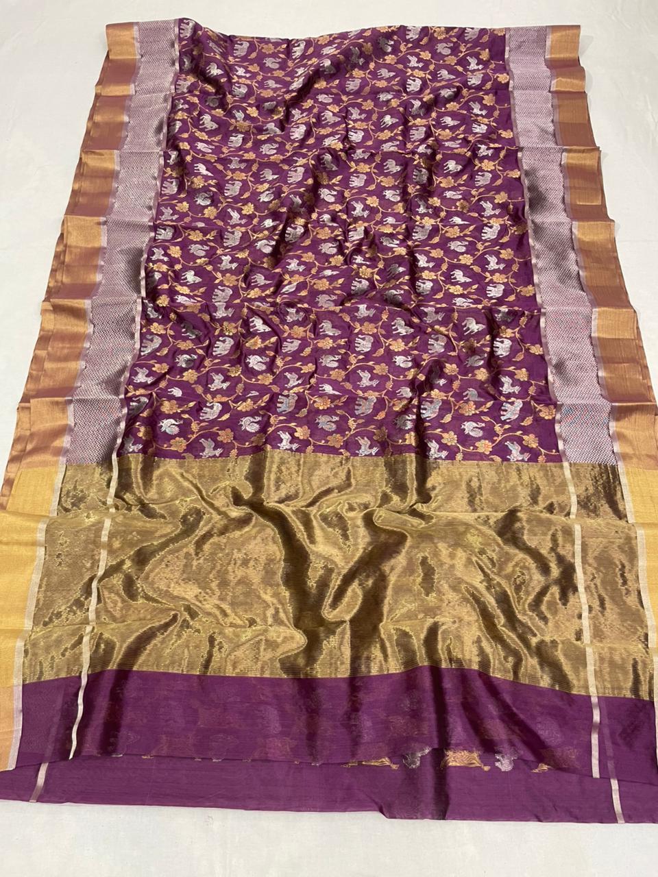Lilac Chanderi Handloom Pattu Silk Shikargah Handwork Saree