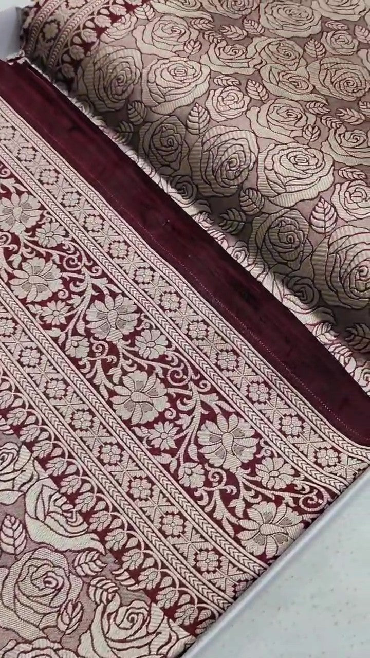 Wine Banarasi Handloom Katan Silk Brocade Saree