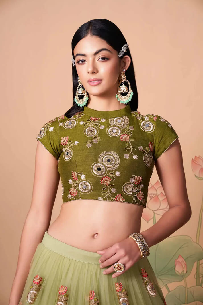 Pista Green Net Lehenga with Zari, Sequins & Mirror Work