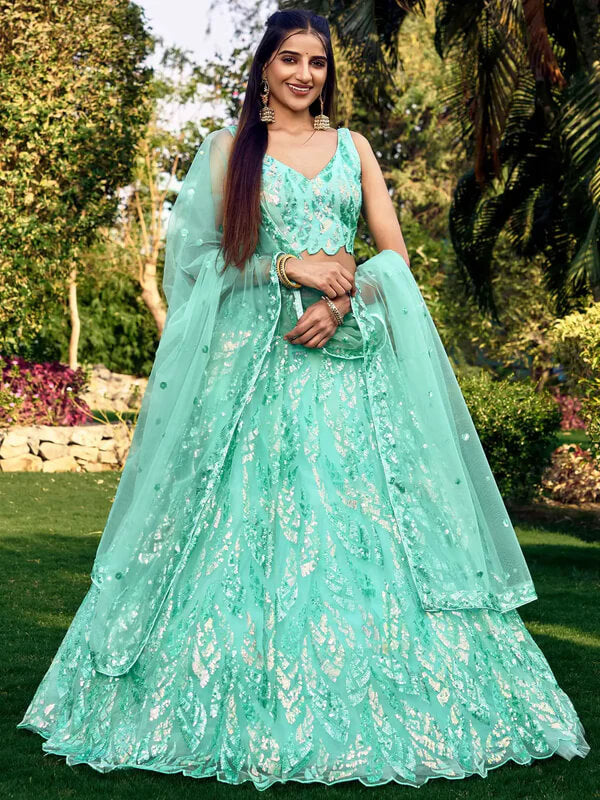 Sky Blue Soft Net Lehenga with Sequins & Thread Work