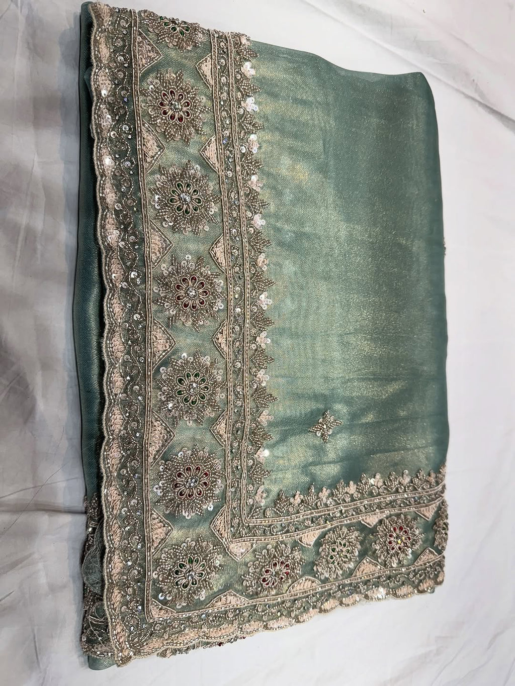 Powder Green Hand Embroidered Tissue Organza Silk Saree