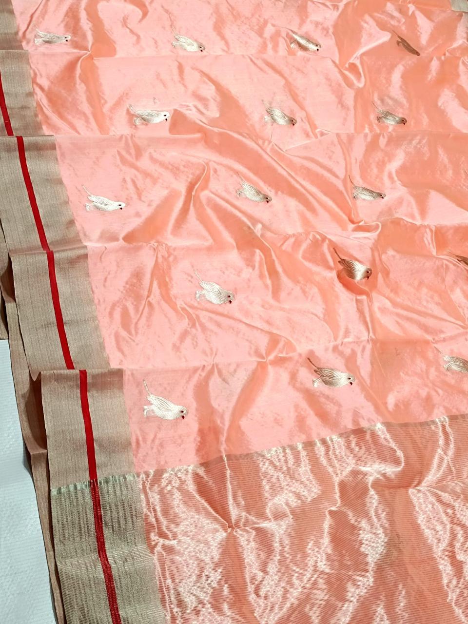 Peach Chanderi Handloom Pattu Silk Meenakari Saree