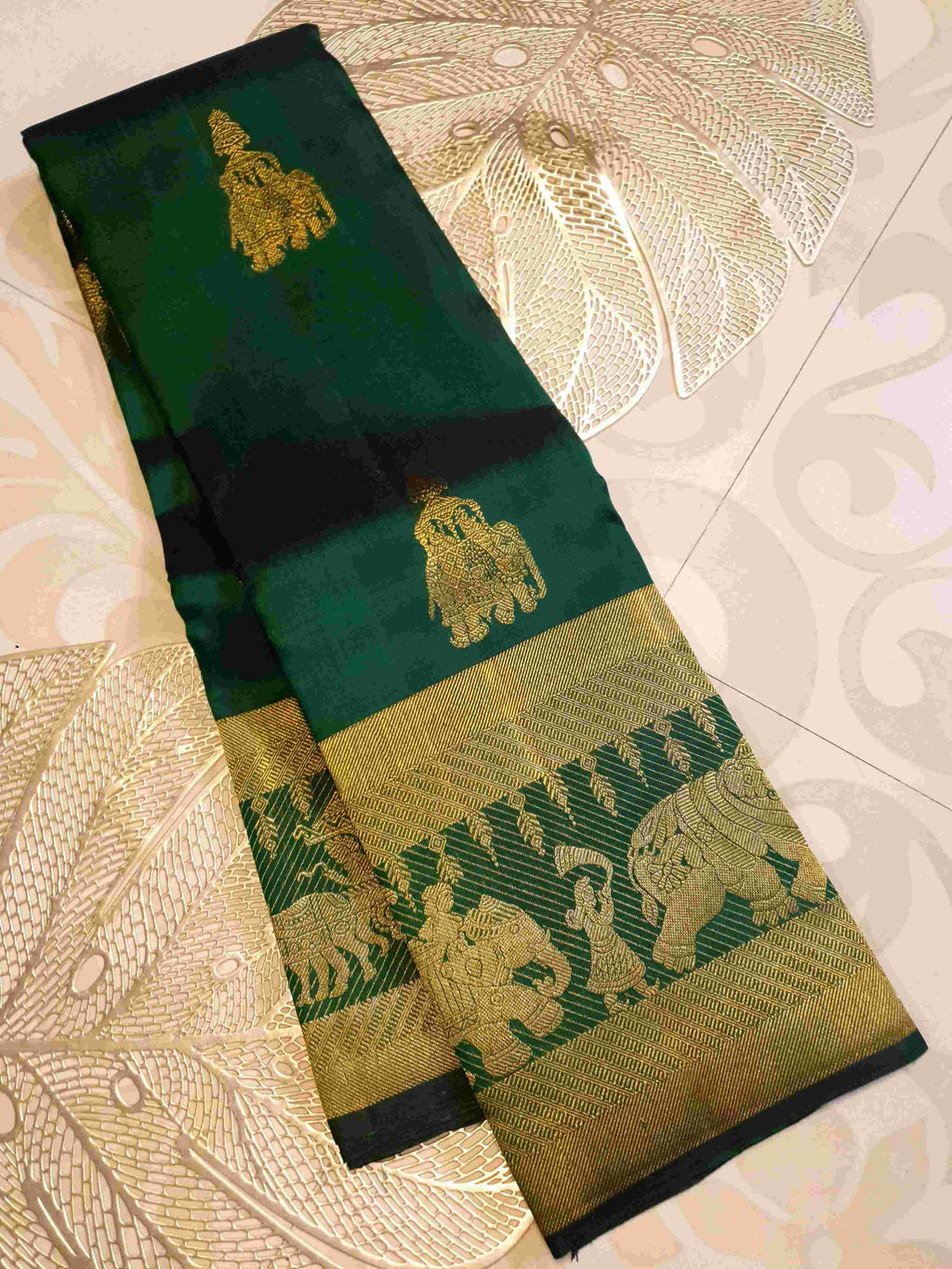 Grøn Kanchipuram Håndvæv 2G Guld Kalyana Pallakku Silk Saree