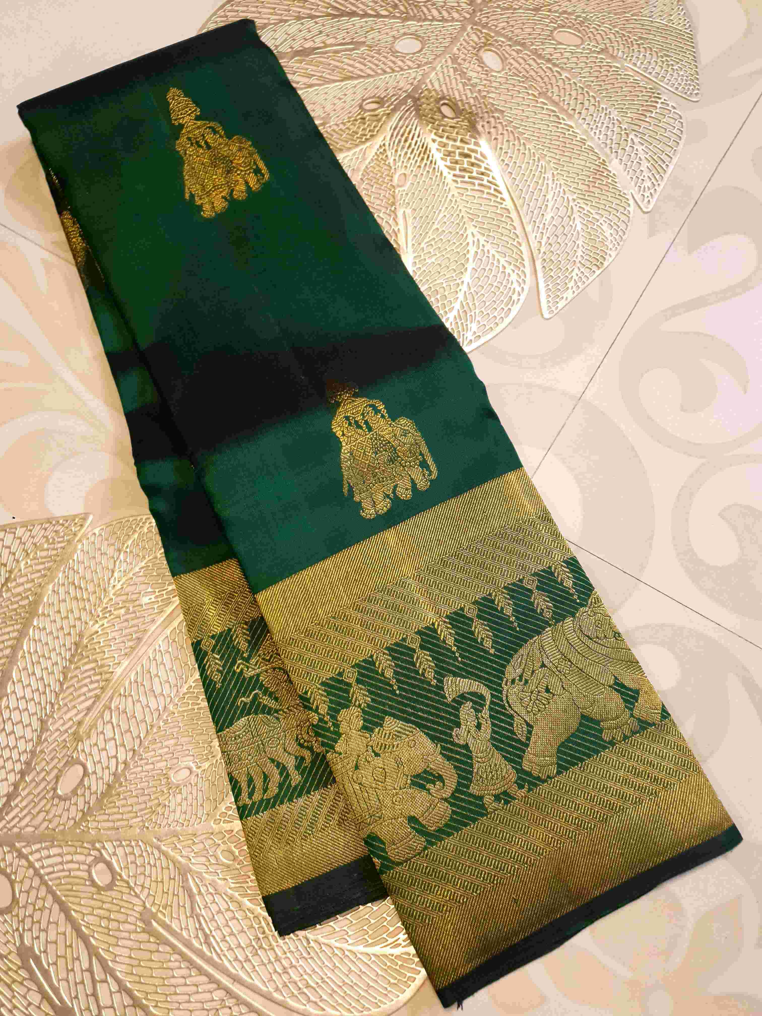 Grøn Kanchipuram Håndvæv 2G Guld Kalyana Pallakku Silk Saree