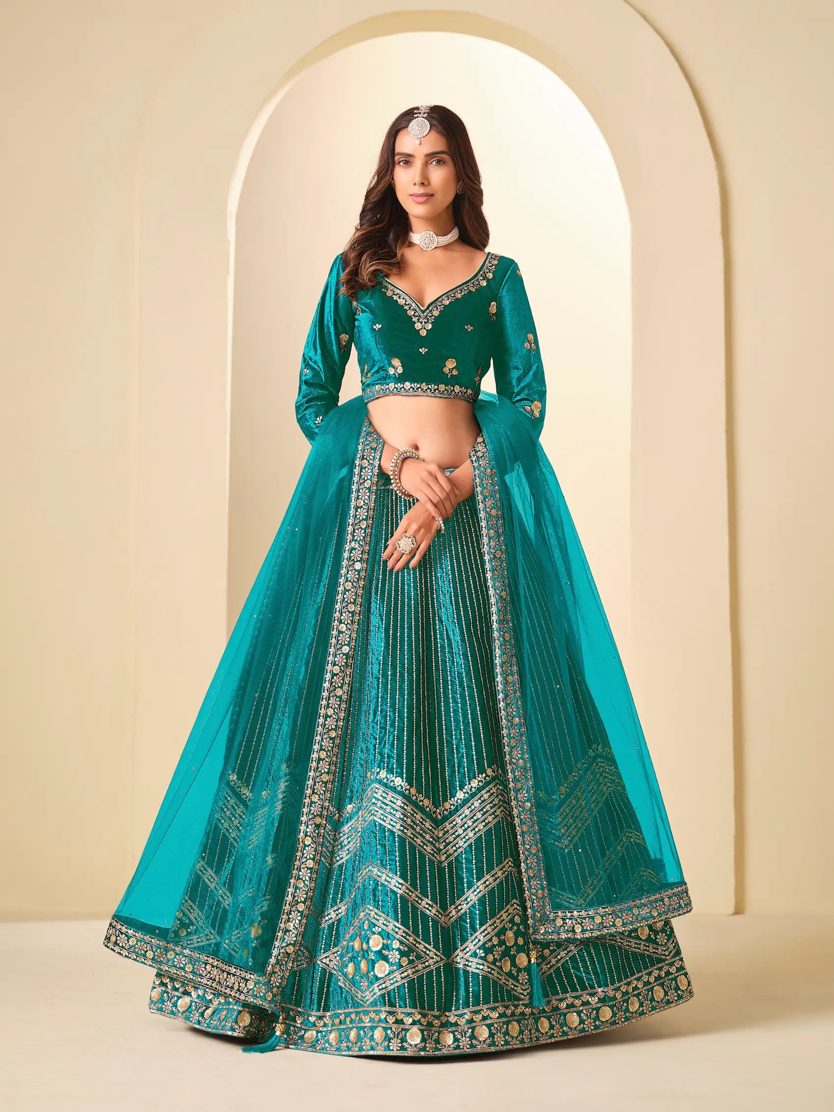Deep Teal Sequins Embroidery Work Velvet Lehenga Choli