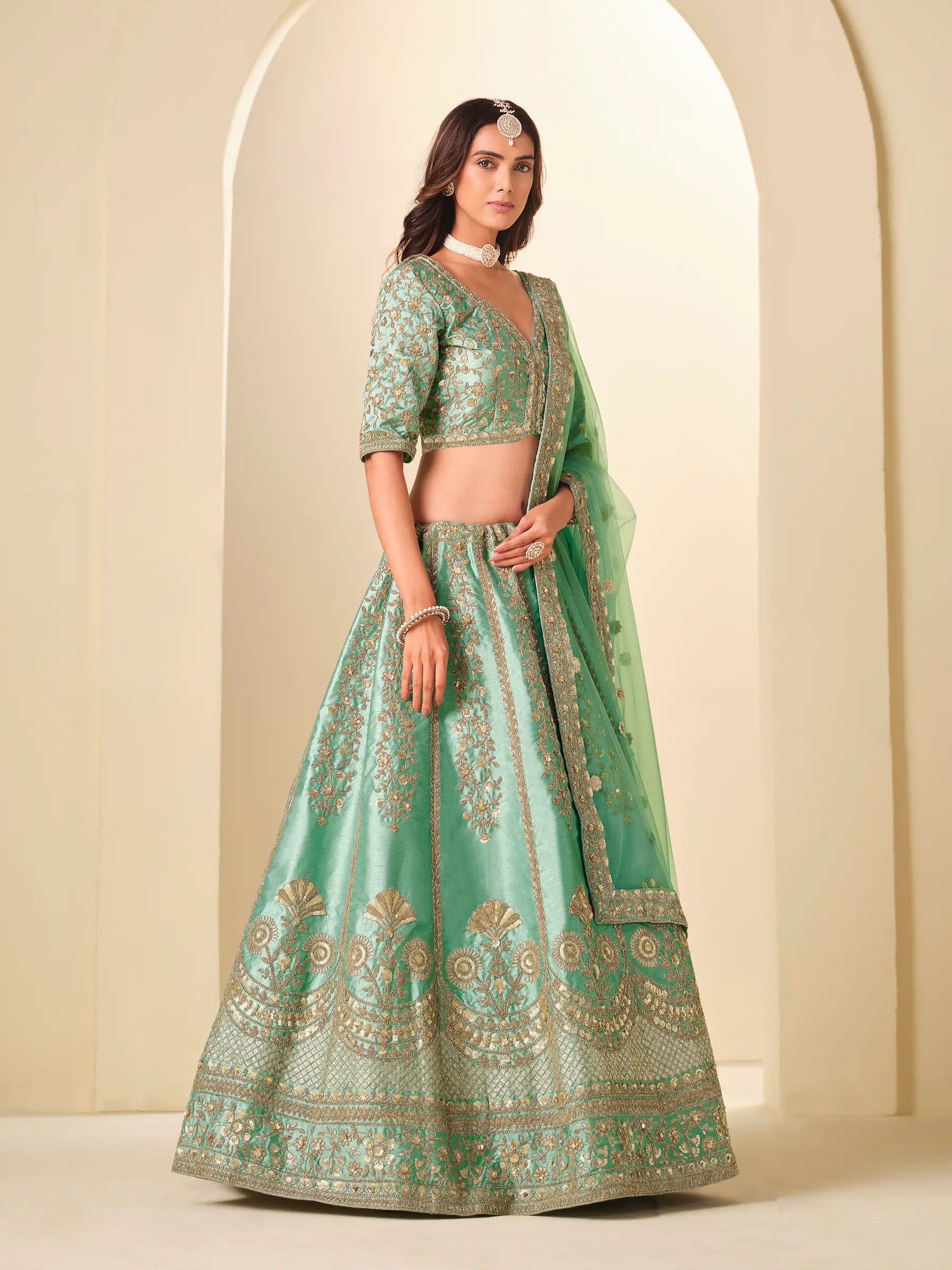 Sea Green Sequins Embroidery Art Silk Lehenga Choli