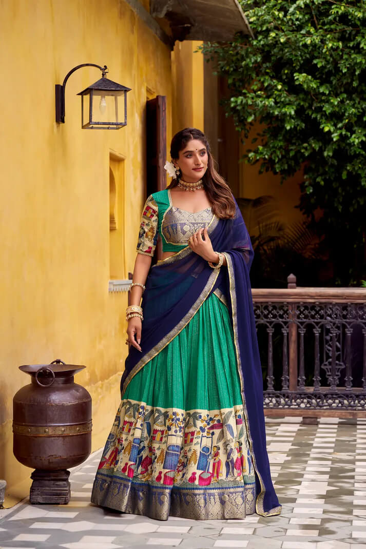 Teal Green Chanderi Lehenga with Kalamkari & Zari Work