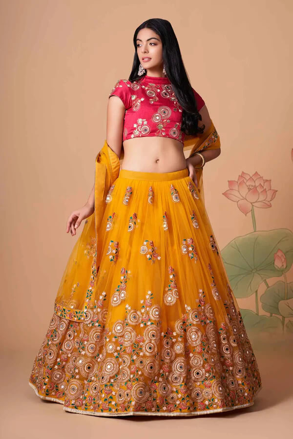 Yellow Net Lehenga with Zari, Sequins & Mirror Work