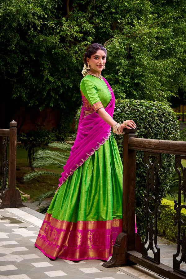 Parrot Green Cotton Lehenga with Intricate Zari Detailing