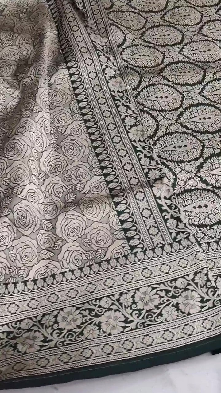 Bottle Green Banarasi Handloom Katan Silk Brocade Saree