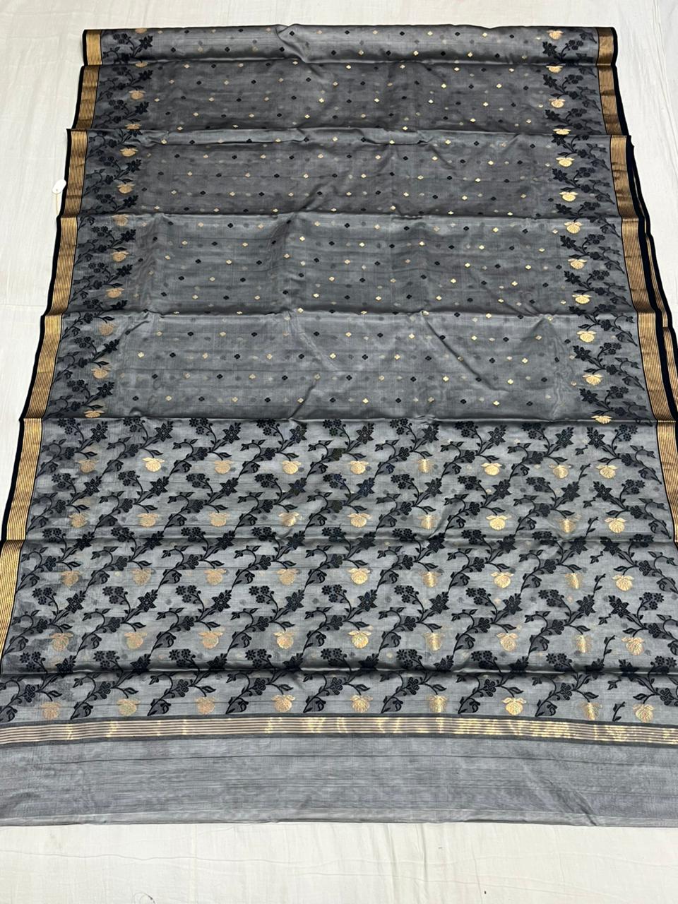 Dark Grey Chanderi Handloom Katan Silk Meenakari Saree