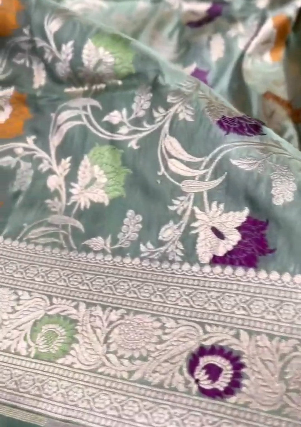 Pista Green Banarasi Handloom Katan Silk Meenakari Saree