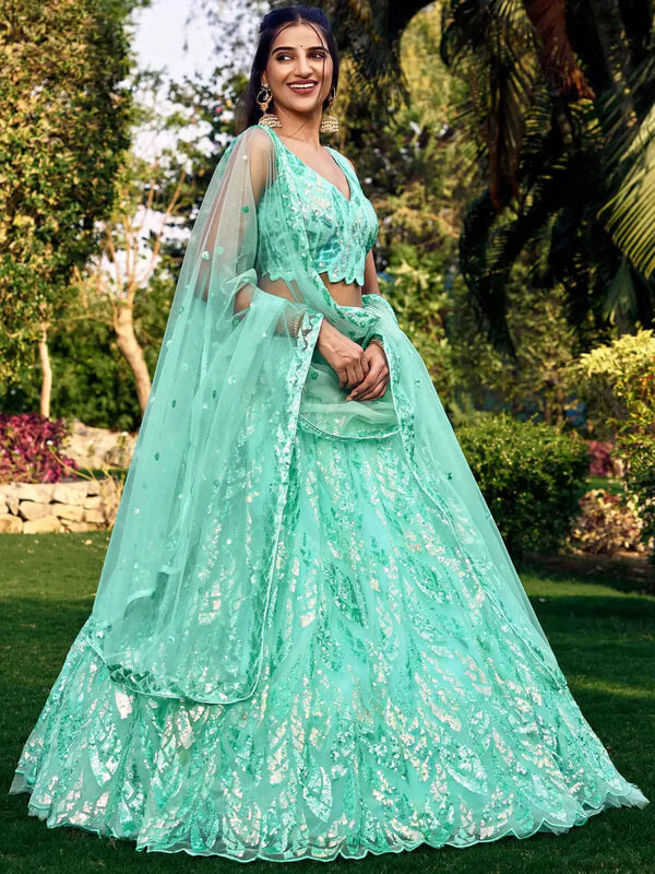 Sky Blue Soft Net Lehenga with Sequins & Thread Work