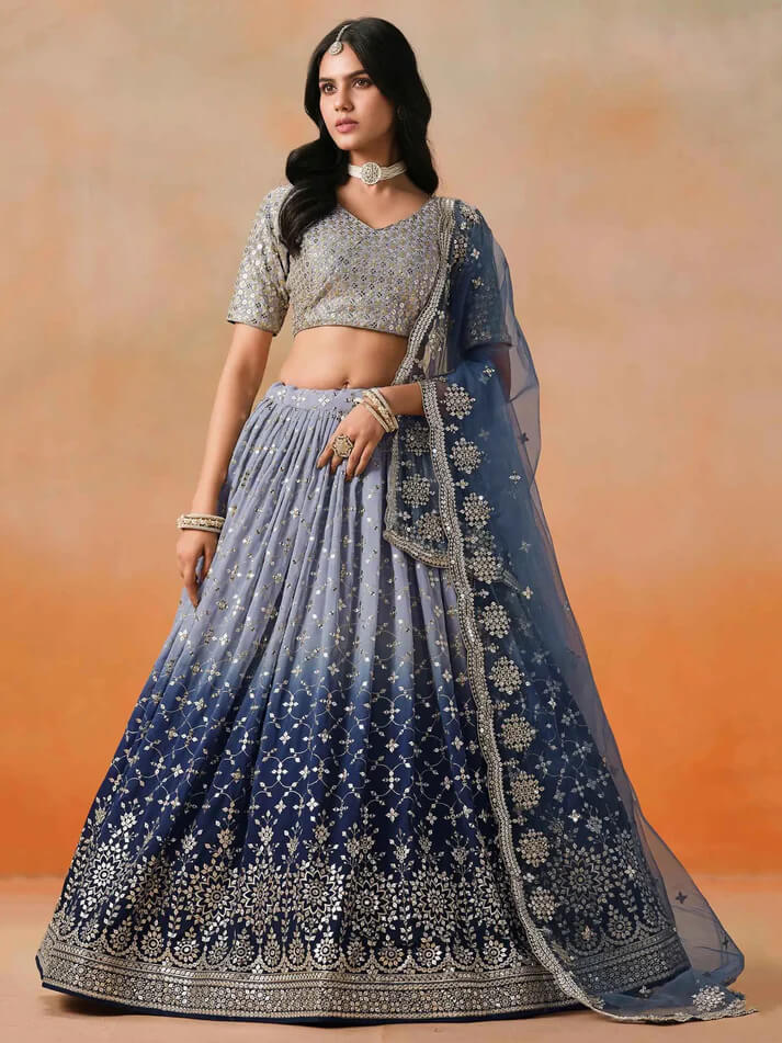 Navy Blue Gradient Georgette Lehenga with Zari & Sequins