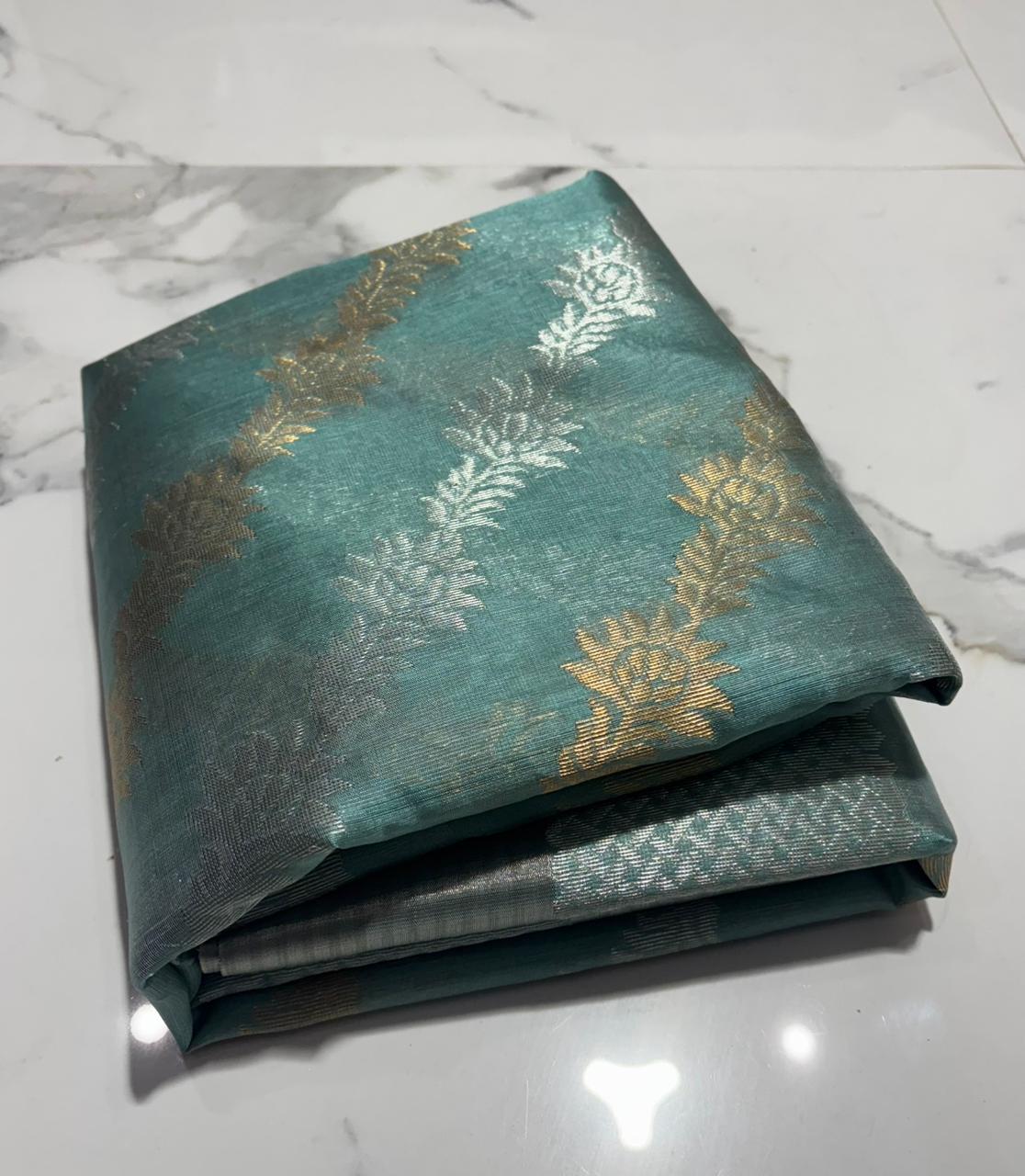 Steel Blue Chanderi Handloom Pattu Silk Handwork Saree