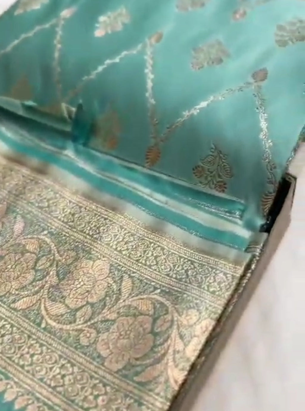Pastel Turquoise Banarasi Satin Katan Silk Saree