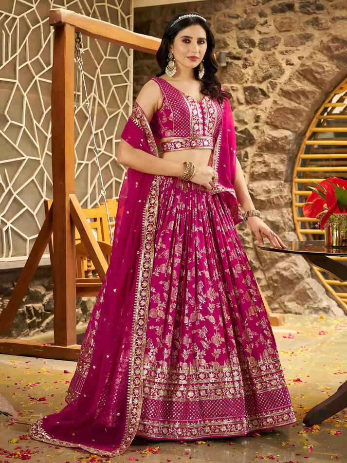 Rani Pink Jacquard Lehenga with Zari & Sequins Work