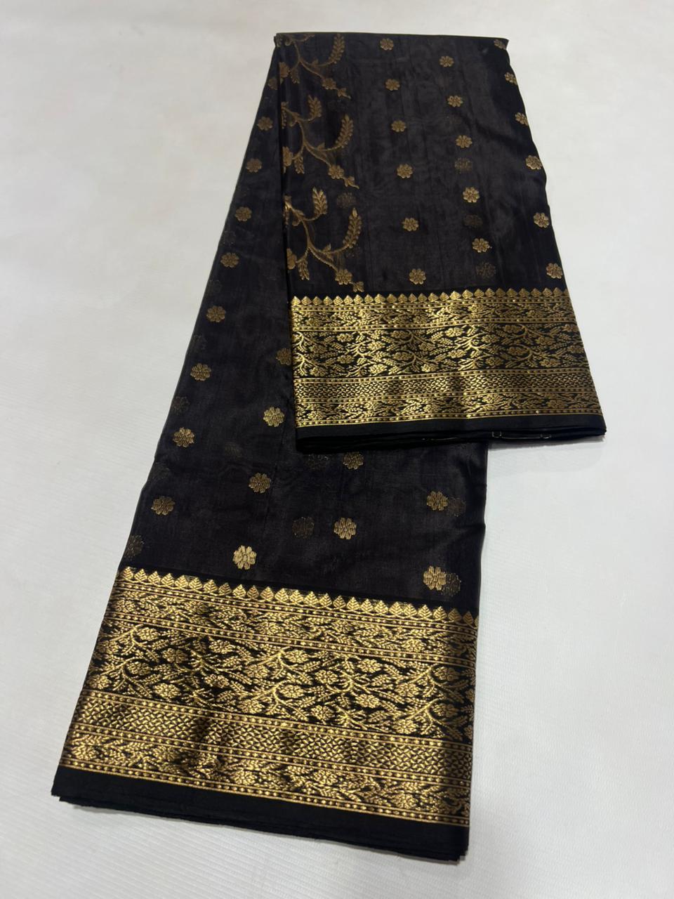 Black Chanderi Handloom Katan Silk Saree